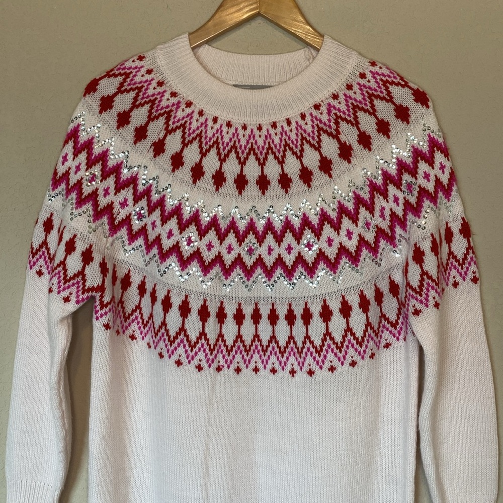ASOS Pink Red Fair Isle Long Sleeve Mini Sweater Sequin Detail Dress 4 - Picture 5 of 9